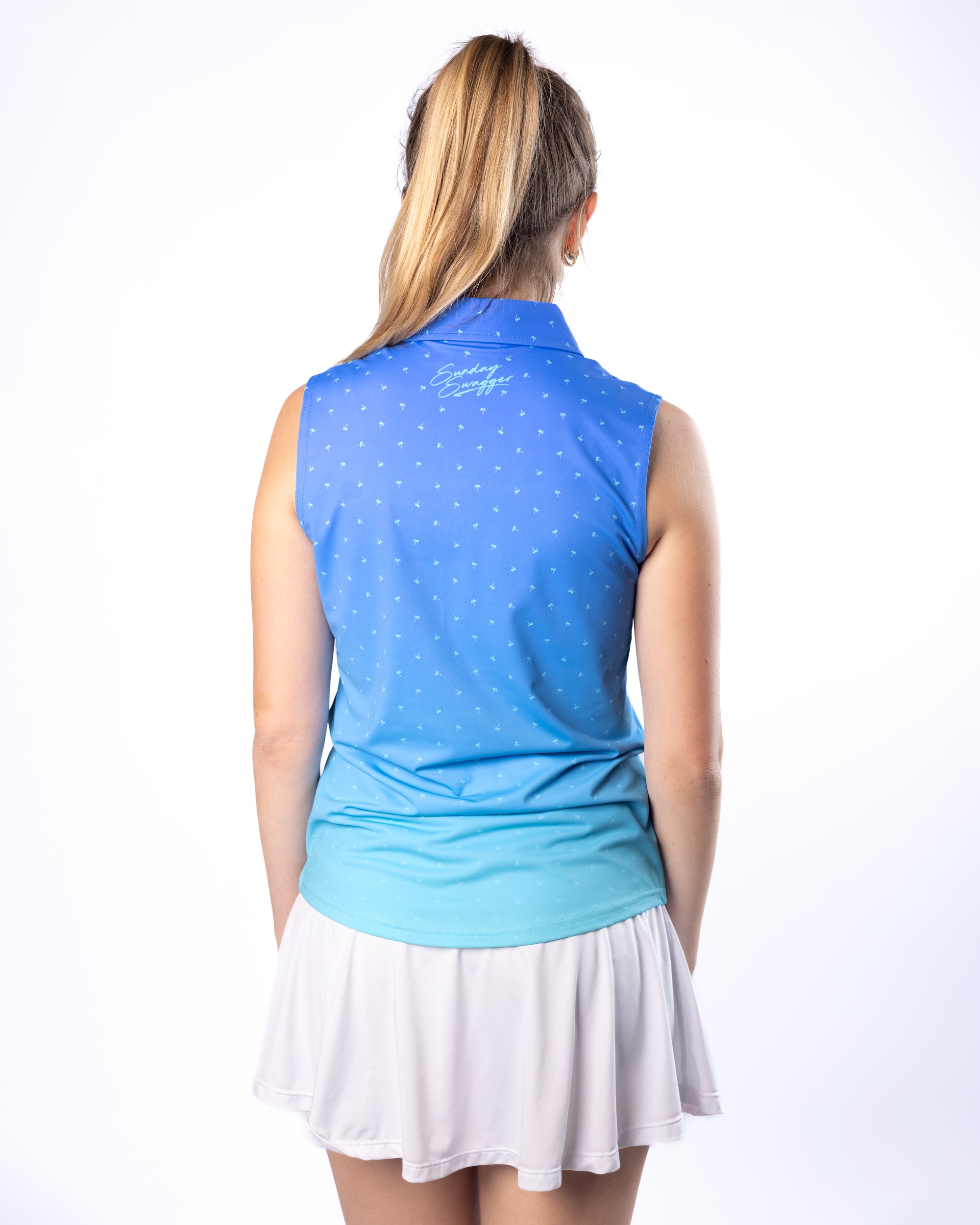 Palmera palm tree blue gradient womens golf polo | Sunday Swagger