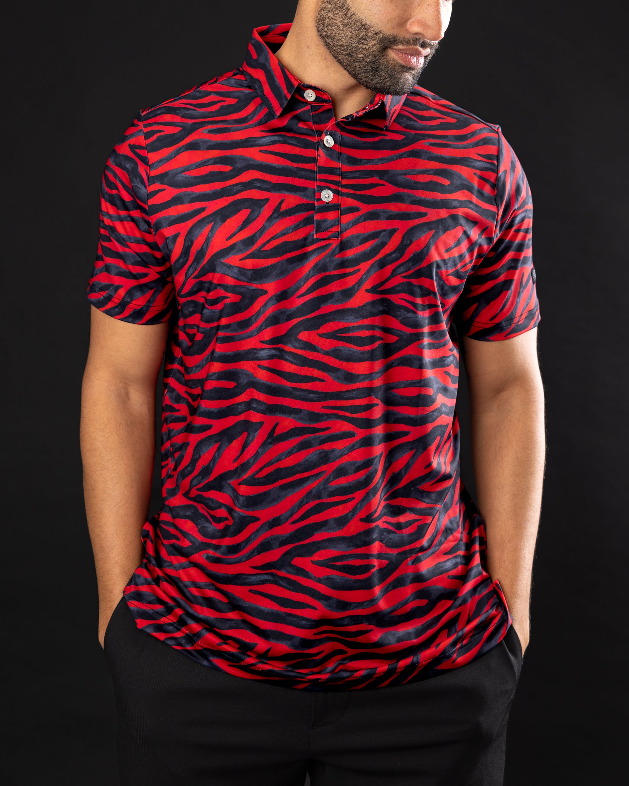 GOAT red zebra stripe golf polo
