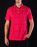 Red mens golf shirt with black and white splatter pattern | Sunday Swagger