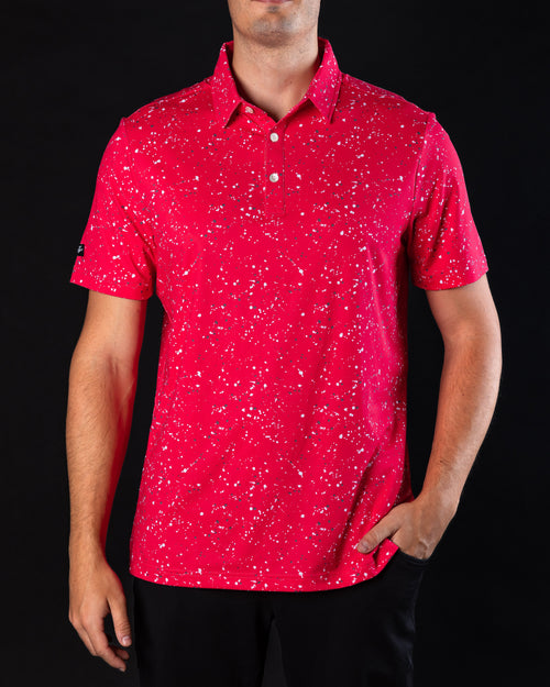 Red mens golf shirt with black and white splatter pattern | Sunday Swagger