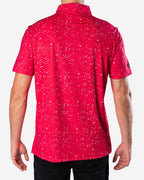 Red mens golf shirt with black and white splatter pattern | Sunday Swagger