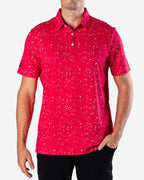Red mens golf shirt with black and white splatter pattern | Sunday Swagger