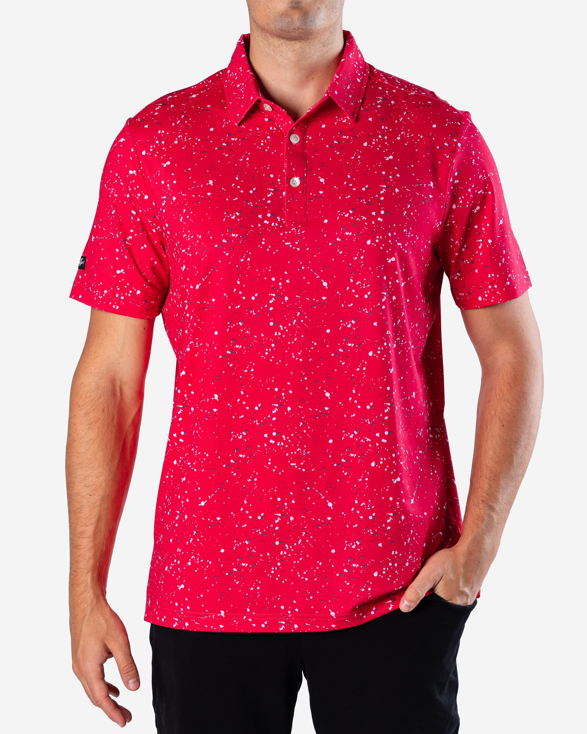 Red mens golf shirt with black and white splatter pattern | Sunday Swagger
