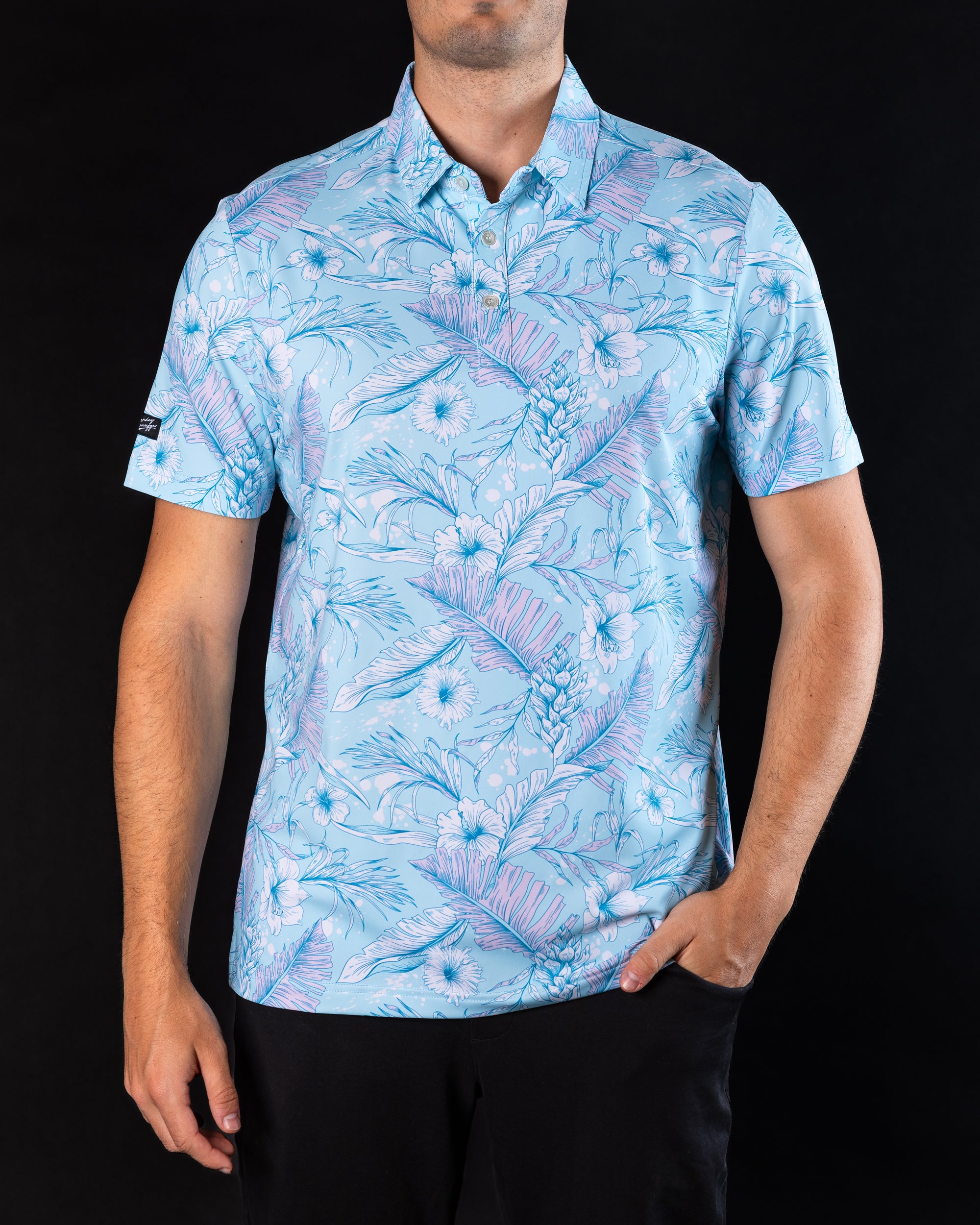 Our Retreat polo is a calming light bue floral Hawaiian golf shirt | Sunday Swagger