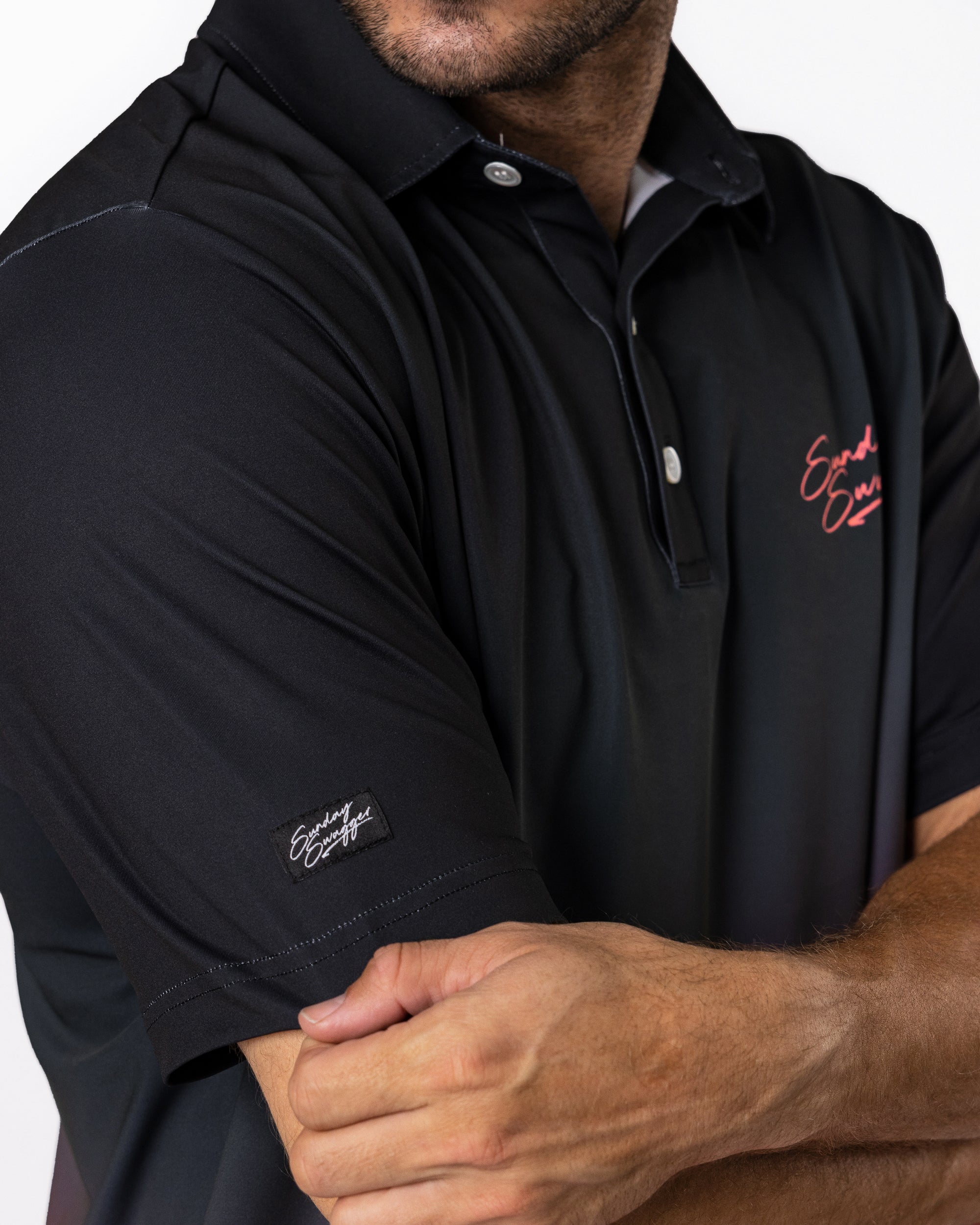 Phantom black and red gradient golf polo | Sunday Swagger mens golf polo