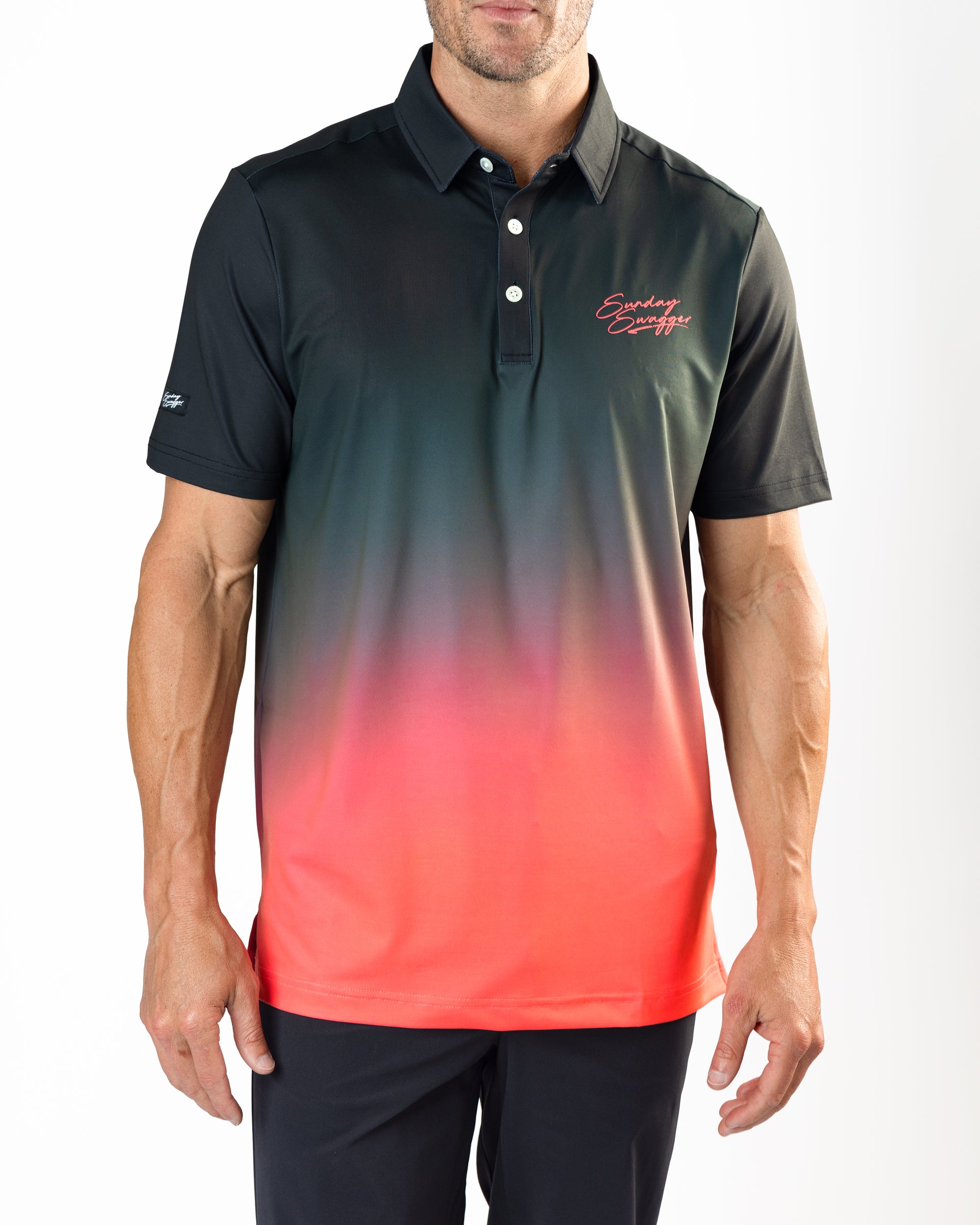 Phantom black and red gradient golf polo | Sunday Swagger mens golf polo