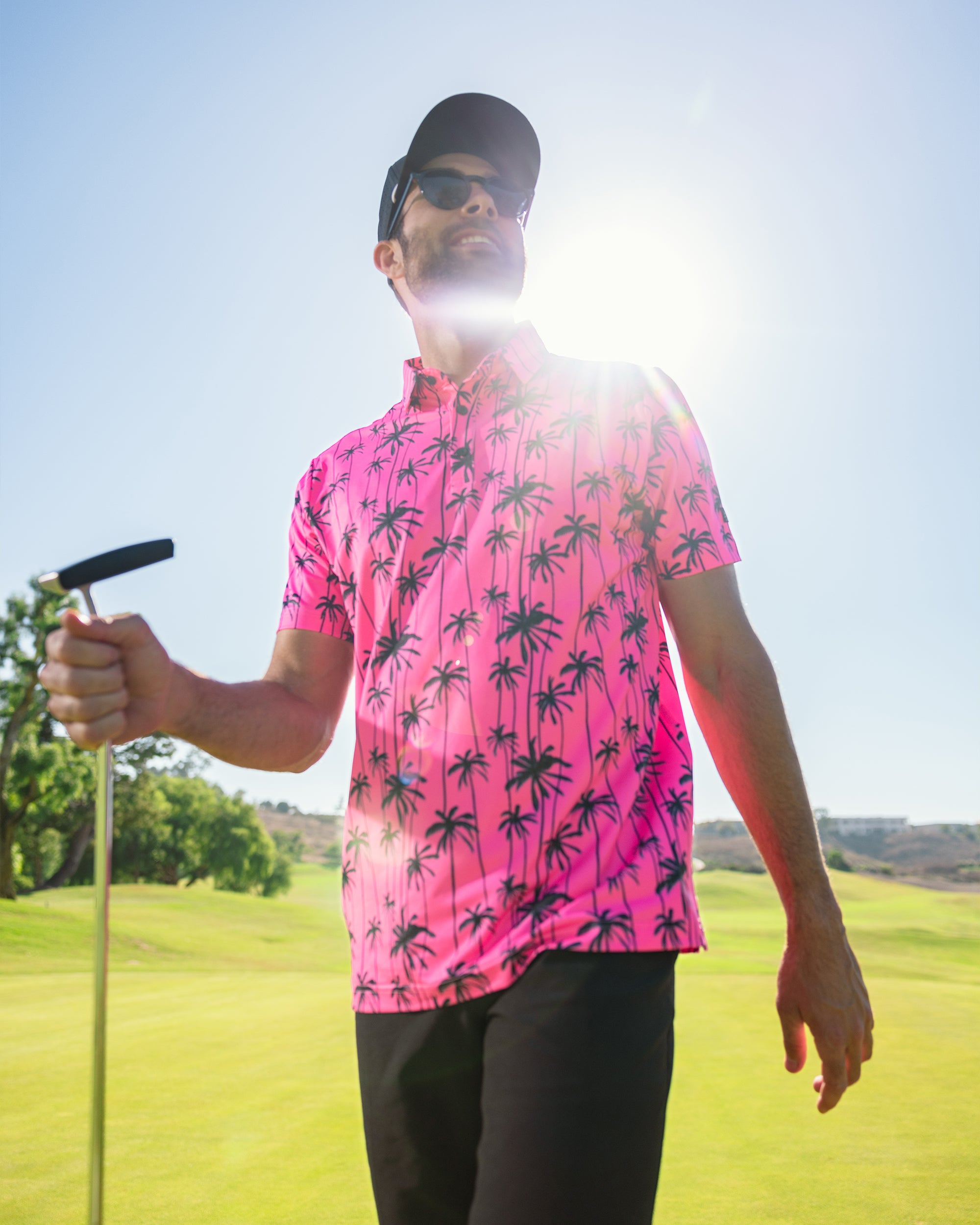 Sizzlin' pink and black mens golf polo