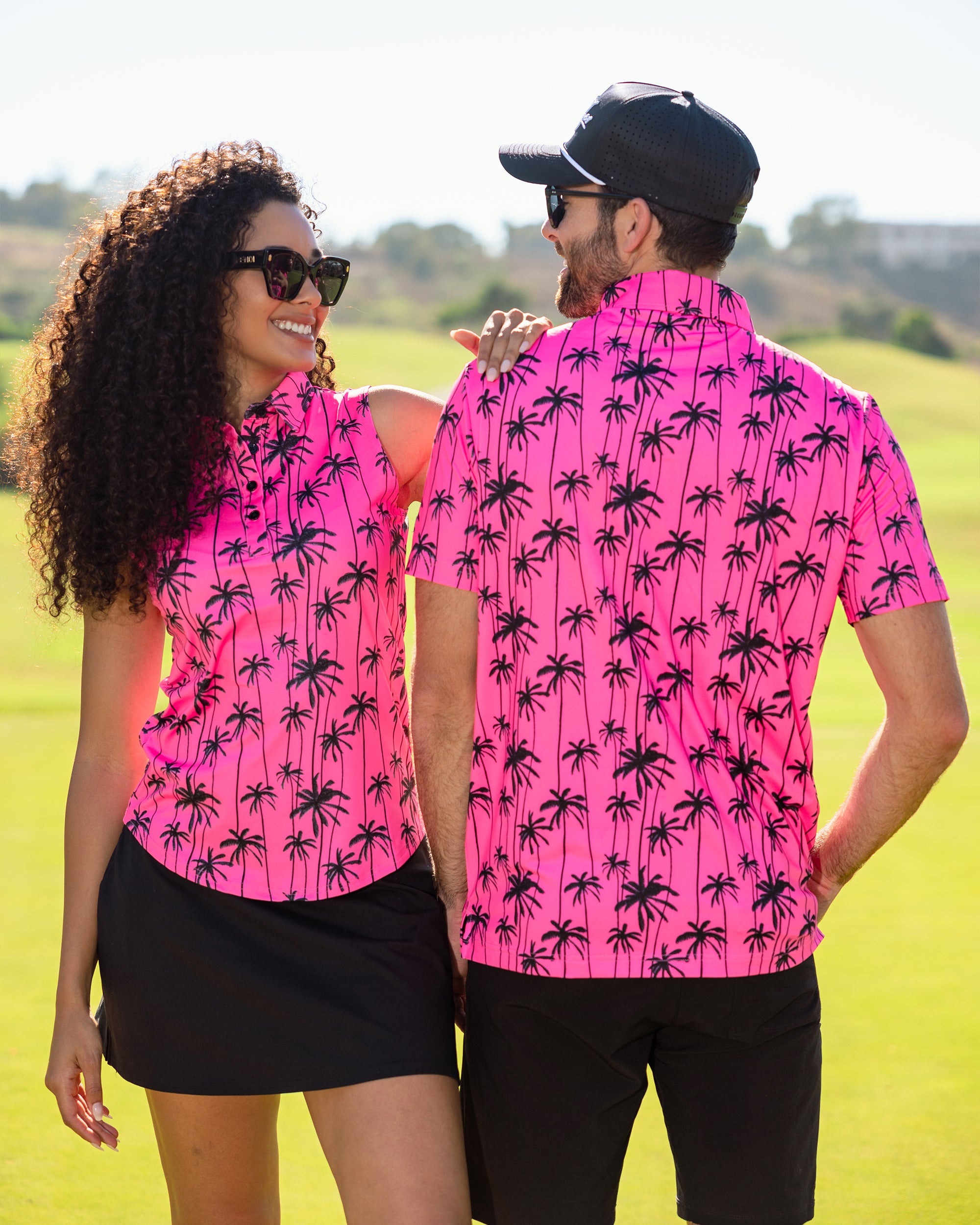 Sizzlin' pink and black matching men and women's golf polo