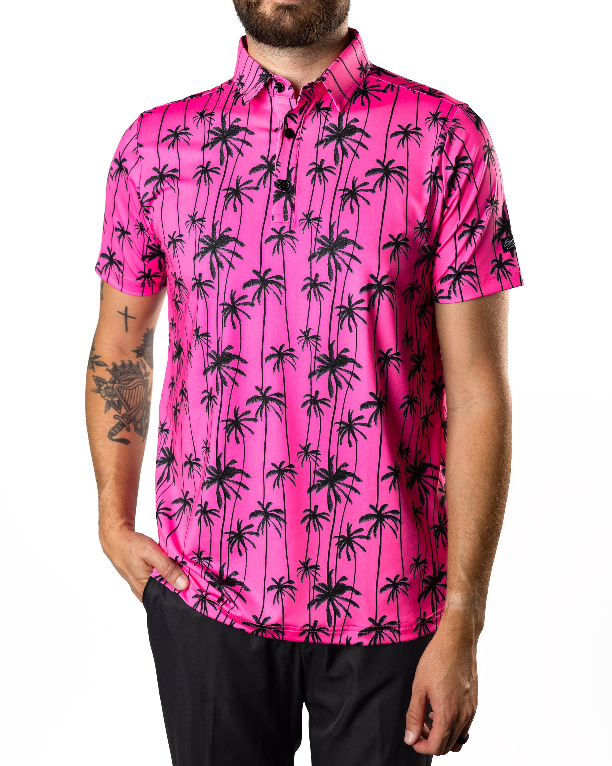 Sizzlin' pink and black mens golf polo