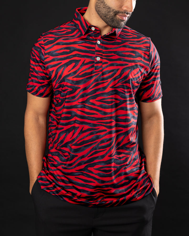 GOAT red zebra stripe golf polo